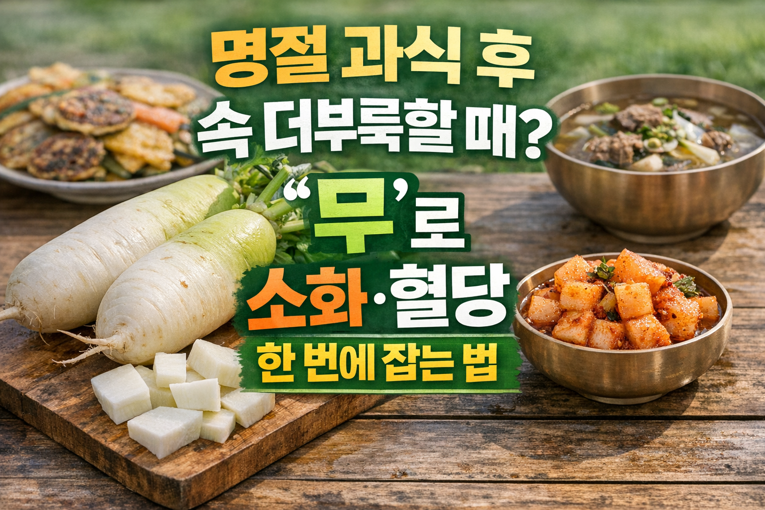 명절 과식 후 떡국과 전을 먹을 때 무를 곁들이는 식사 장면