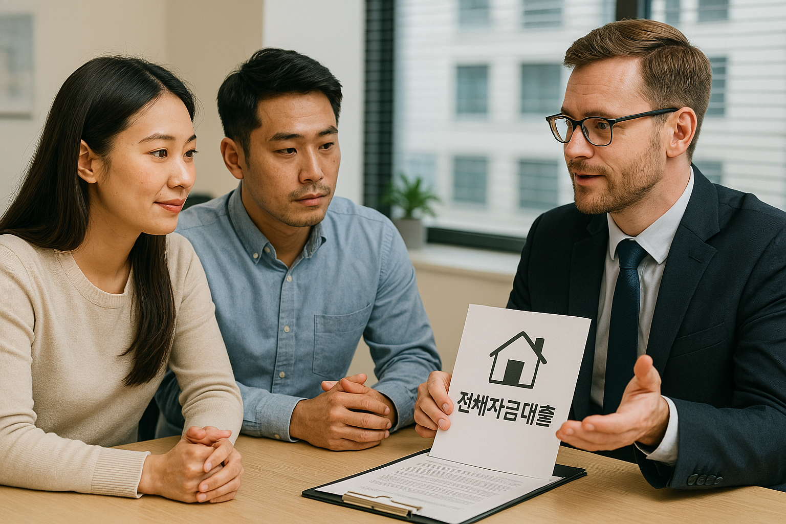 전세자금대출 상담받는 부부와 은행 직원"
