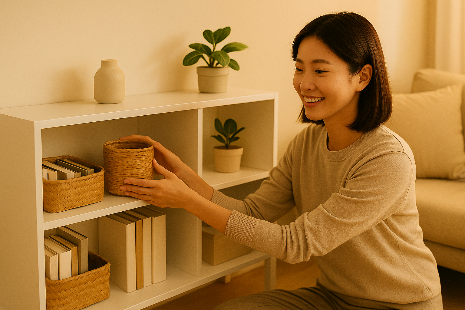 사람이 거실 수납장을 정리하며 성취감을 느끼는 모습