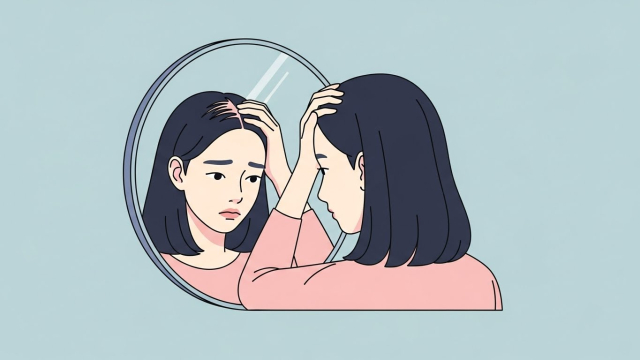 여성 탈모 고민하는 한국인 여성 일러스트
