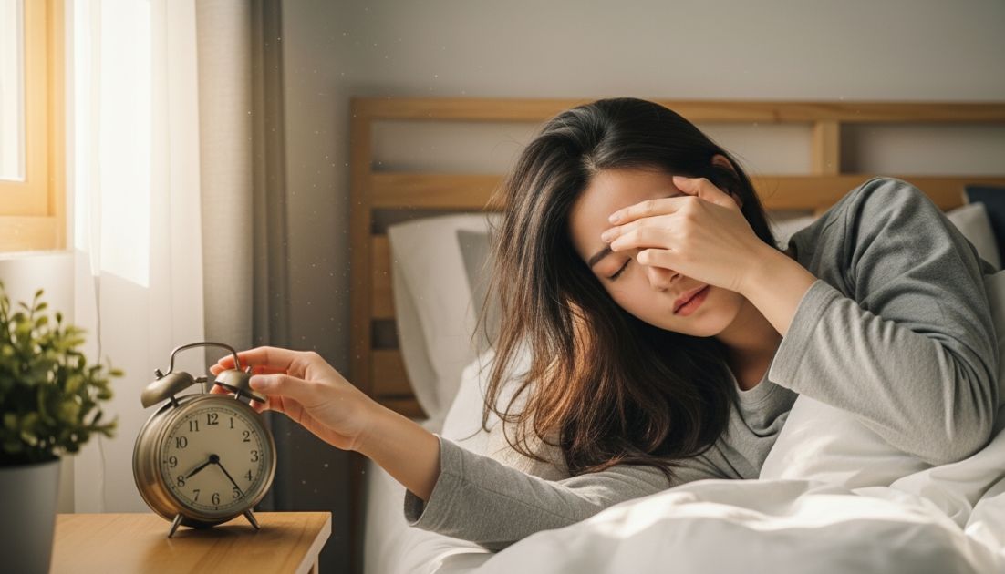 수면의 질이 낮아 아침에 피곤하게 일어나는 모습