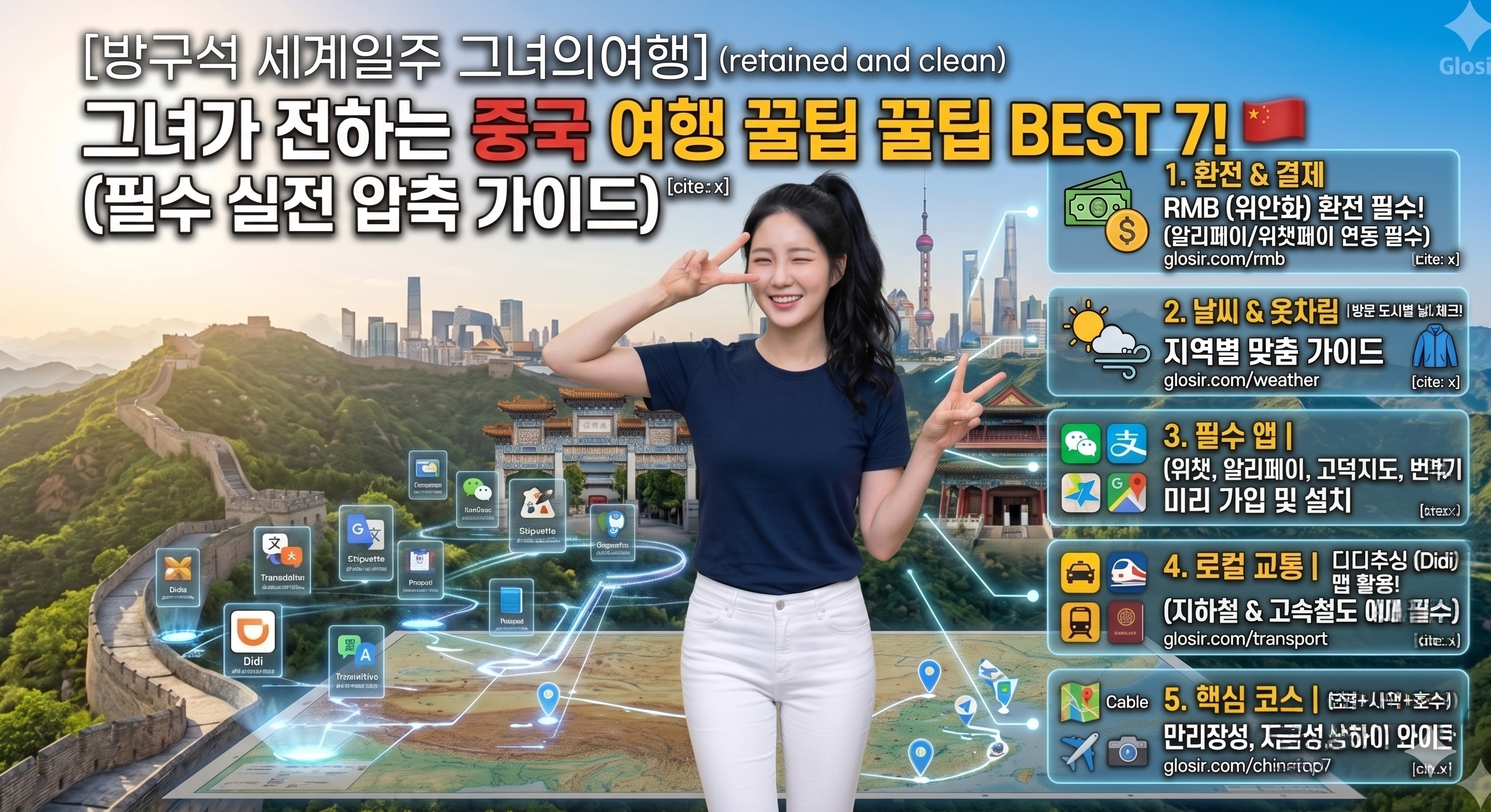 [방구석 세계일주 그녀의여행] 중국 여행 실전 꿀팁 완벽 압축 가이드 인포그래픽 이미지. 어깨 길이의 검은색 웨이브 포니테일 머리를 한 젊은 한국 여성 여행자(키 165cm, 52kg)가 흰색 반팔 티셔츠와 화이트 진을 입고, 웅장한 만리장성과 푸른 산맥, 멀리 현대적인 중국 도시 스카이라인을 배경으로 환한 미소와 양손 브이를 하며 카메라를 향해 걸어오는 매력적인 앞모습. 그녀 주변과 Ground Map에는 여러 multi-layered interactive holographic cards가 떠 있으며, glowing digital paths가 그녀의 손과 Ground Map을 연결하고 있다. 상단에는 '[방구석 세계일주 그녀의여행] 중국 여행 꿀팁 대방출! (필수 실전 압축 가이드)'라는 가시성 높은 한글 제목이 있으며, 오른쪽 정보 카드에는 '**1. 환전 &amp; 결제** ❘ RMB (위안화) 환전 필수! (알리페이/위챗페이 연동 필수) glosir.com/rmb', '**2. 날씨 &amp; 옷차림** ❘ 방문 도시별 날씨 체크! (예: 9월 상하이) 지역별 맞춤 가이드 glosir.com/weather', '**3. 필수 앱 설치** ❘ (위챗, 알리페이, 고덕지도, 번역기) 미리 가입 및 설치', '**4. 로컬 교통** ❘ (디디추싱 (Didi) 앱 활용! (지하철 &amp; 고속철도 예매 필수) glosir.com/transport', '**5. 핵심 코스** ❘ (역사+미래) 만리장성, 자금성, 상하이 와이탄 glosir.com/china-top7' 등의 정보가 아이콘과 함께 깔끔하게 정리되어 있다. 이국적이고 매력적인 고화질 이미지.