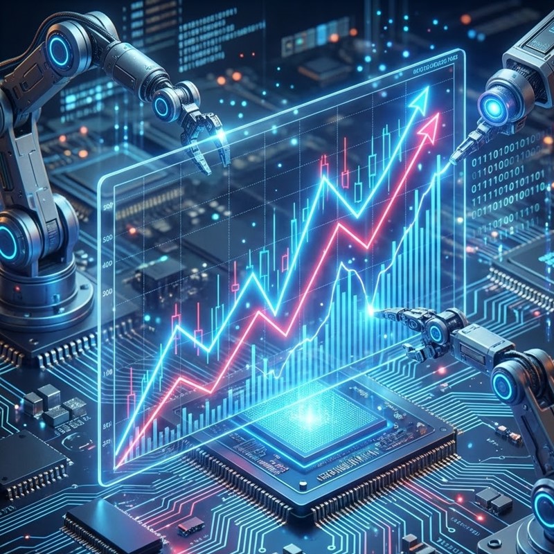 상승하는 주식 그래프와 반도체 칩, 로봇 팔이 어우러진 미래 지향적 증시 이미지
