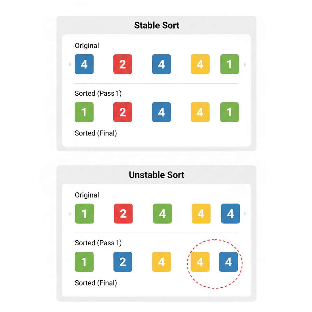 동일한 값을 가진 데이터들이 정렬 전후에도 그들 사이의 상대적인 순서를 유지하는지 여부를 시각적으로 대조하여 보여주는 안정 정렬(Stable Sort)과 불안정 정렬(Unstable Sort)의 개념 비교 도식입니다.