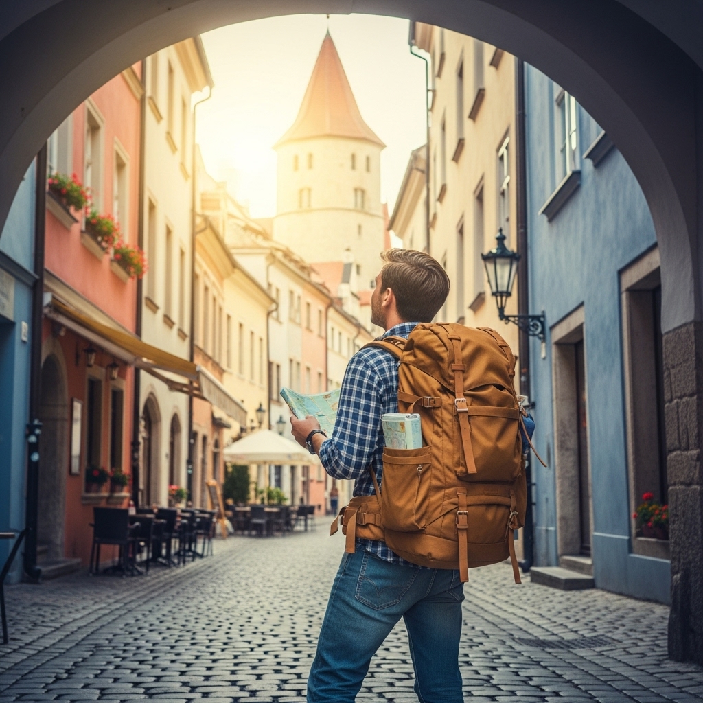 푸른 하늘 아래 유럽의 고풍스러운 골목길에서 배낭을 멘 여행자가 지도를 보며 다음 목적지를 찾는 모습, 활기찬 분위기가 느껴지는 유럽 도시 풍경