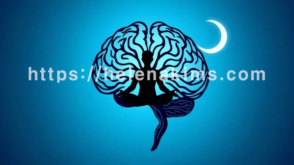 인간 뇌 실루엣 안에서 부드러운 푸른빛 흐름(숙면)으로 변모. 명상하는 사람 실루엣과 초승달 아이콘이 은은하게 주변을 감싸며 뇌 피로 해소와 회복의 중요성을 시각적으로 표현한 이미지.