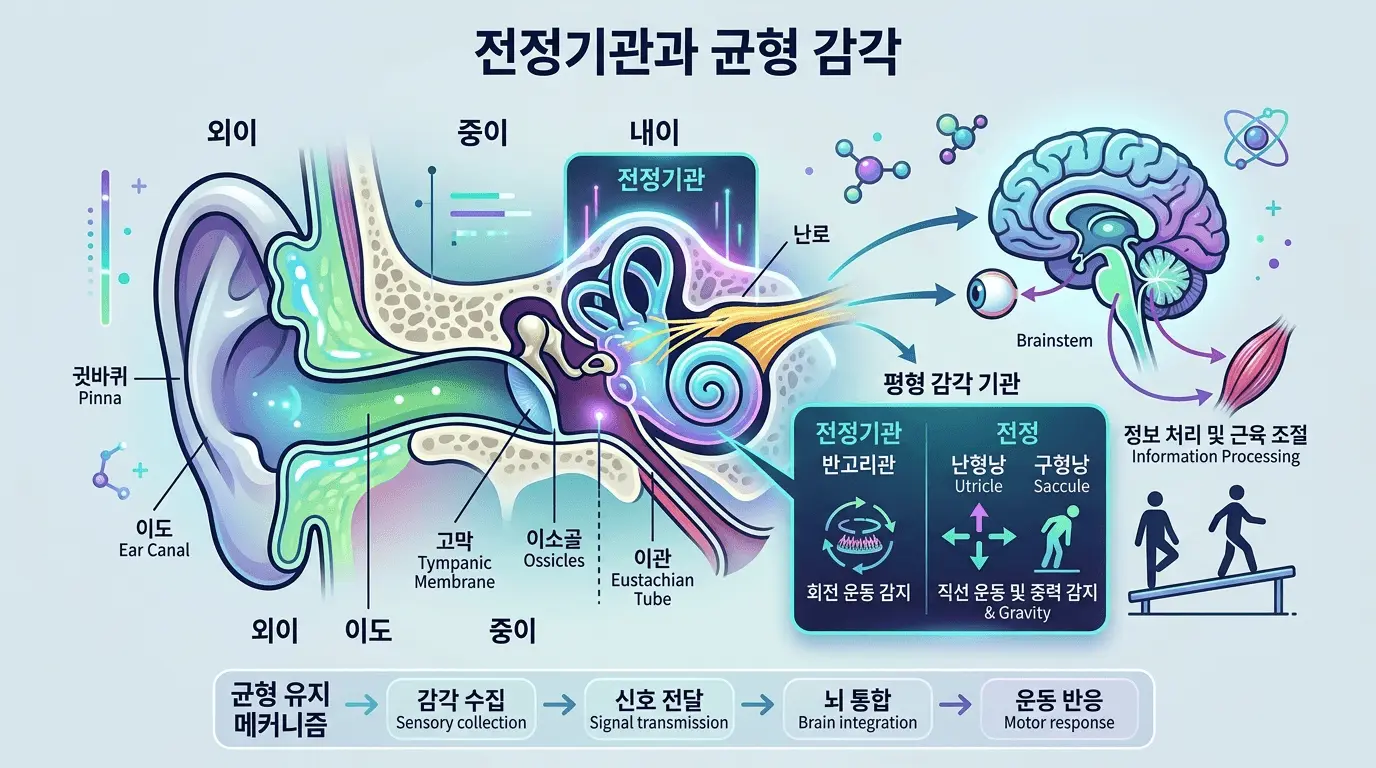 귀의 구조와 내이 전정기관 및 반고리관의 균형 감각 유지 메커니즘 인포그래픽