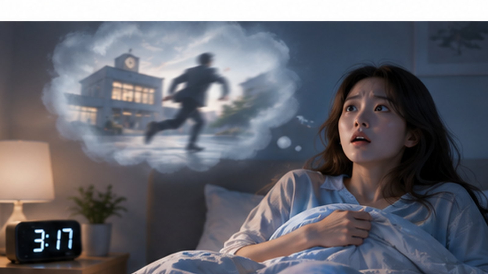 지각하는 꿈을 꾸고 놀라서 깨어나는 장면