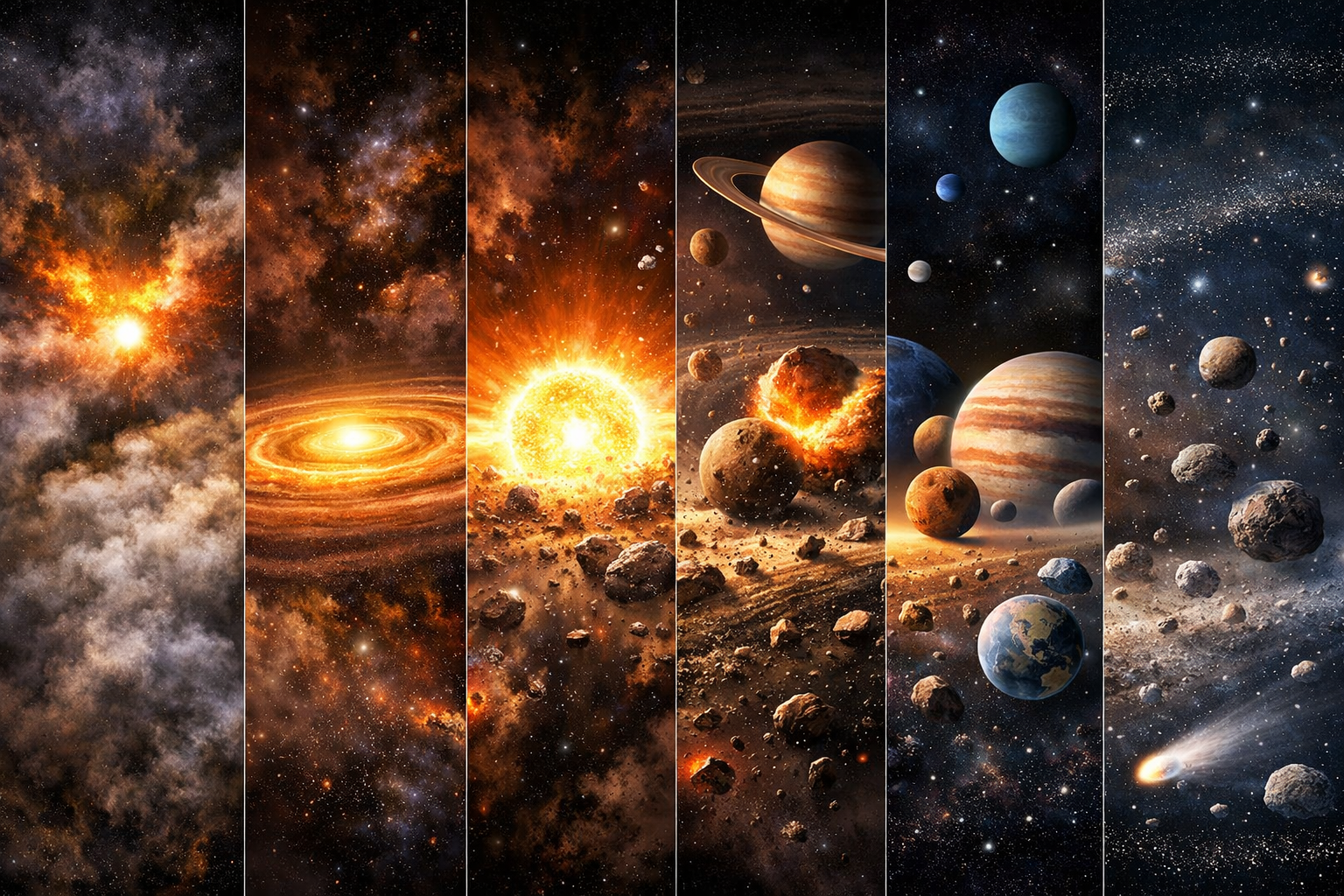 태양계 형성 과정: 성운 붕괴에서 행성 형성과 카이퍼 벨트까지 6단계 시각화