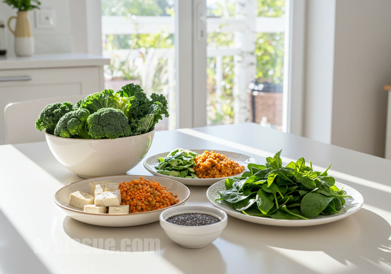 현대적인 식탁 위에 놓인 건강한 식사, 브로콜리, 양배추, 두부, 렌즈콩, 치아시드 등의 식물성 식품이 아름답게 배열된 모습