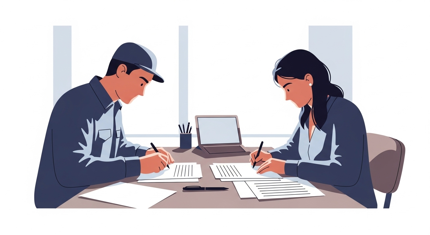 농촌 주민이 책상에서 신청서류를 준비하는 장면. 1