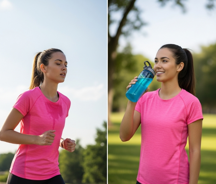 야외에서 운동 중에 땀 흘리는 모습과 수분을 보충하는 모습의 2컷 이미지