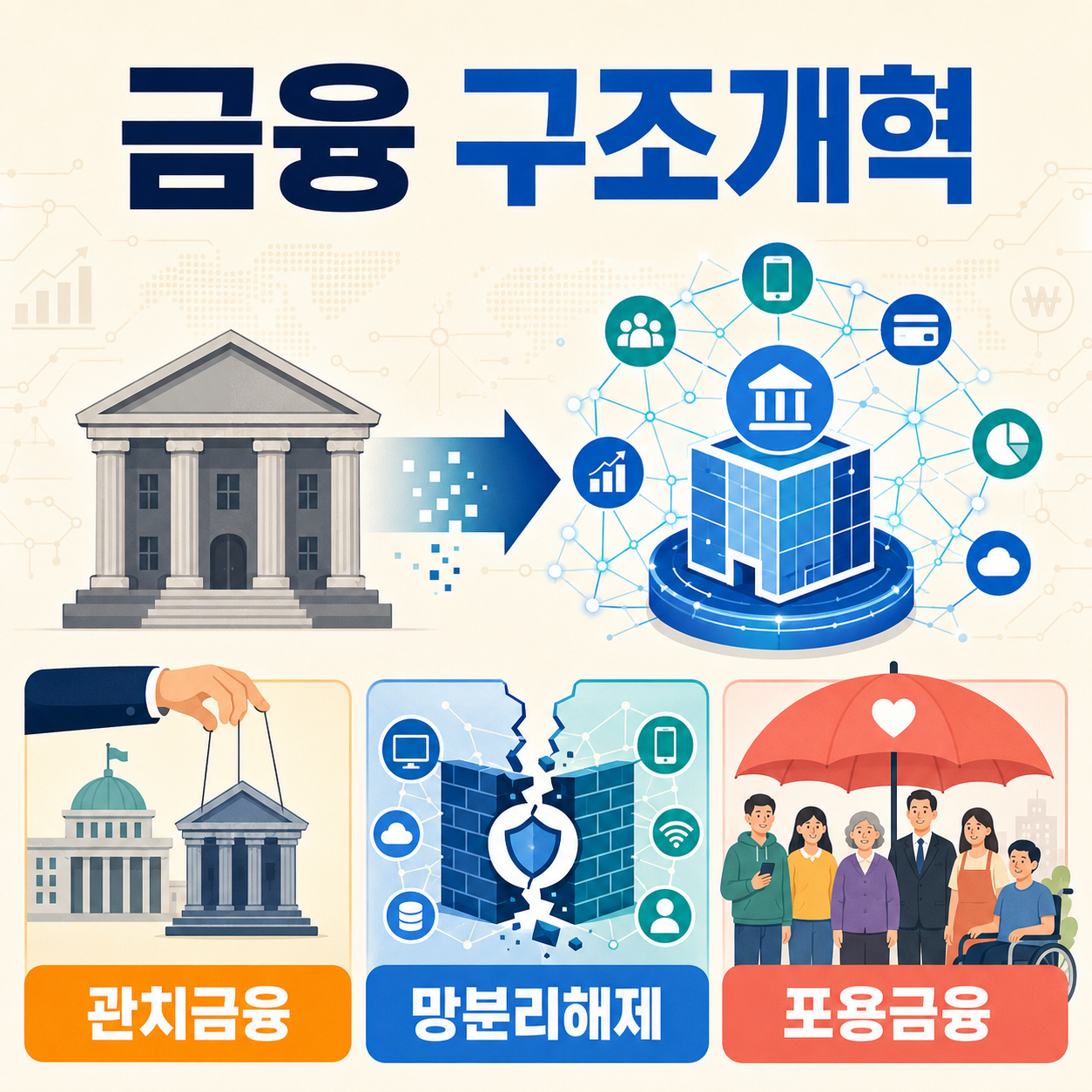 금융 구조개혁의 관치금융·망분리해제·포용금융 인포그래픽
