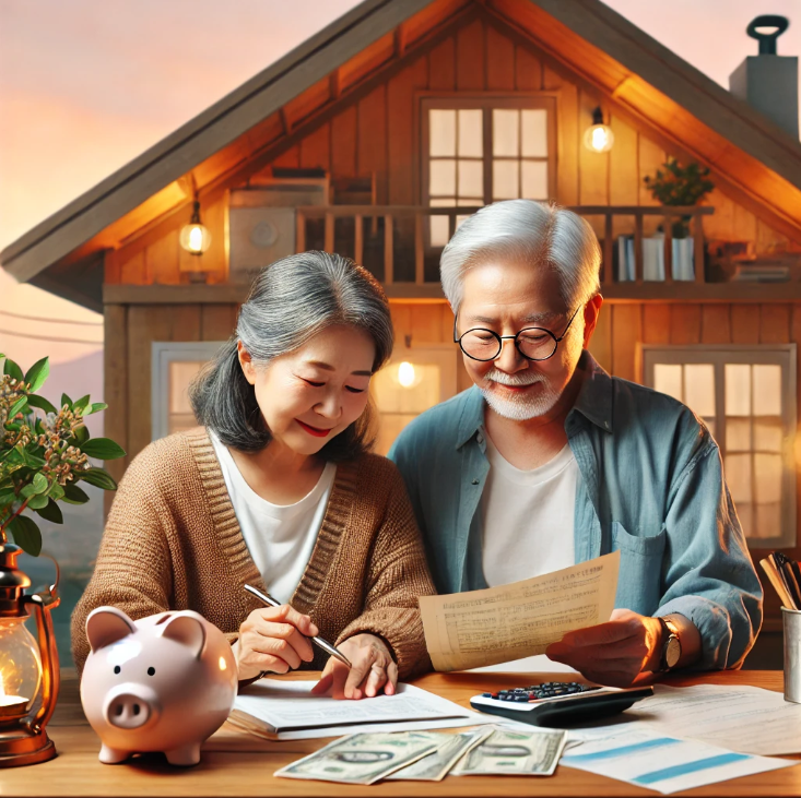 아늑한 집에서 재정을 관리하고 은퇴계획을 논의하는 노년의 부부