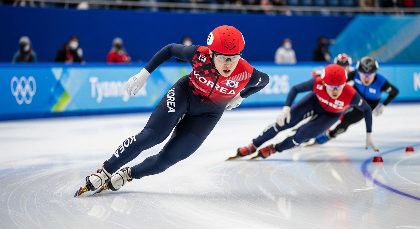 빙상 위에서 전력 질주하는 대한민국 쇼트트랙 선수의 역동적인 레이스 모습
