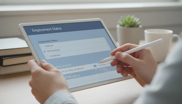 태블릿으로 햇살론 유스 대출 신청서를 작성하는 손. 취준생을 위한 소득 증빙 서류 작성 과정의 중요성을 보여줍니다.