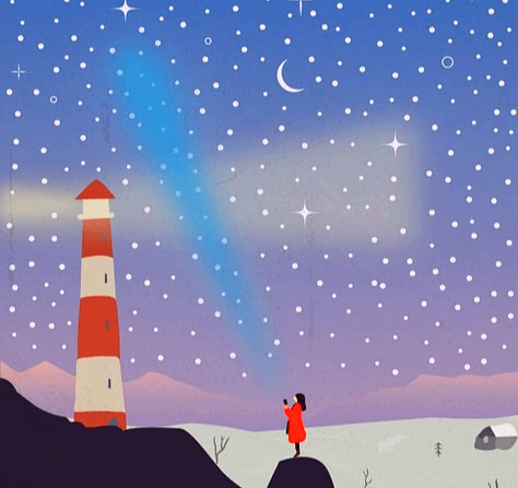 밤하늘에 하얀 별들과 하얀 초승달이 있다. 빨간 외투를 입은 여자가 바위 위에 서서 전등을 하늘을 향해 밝힌다.