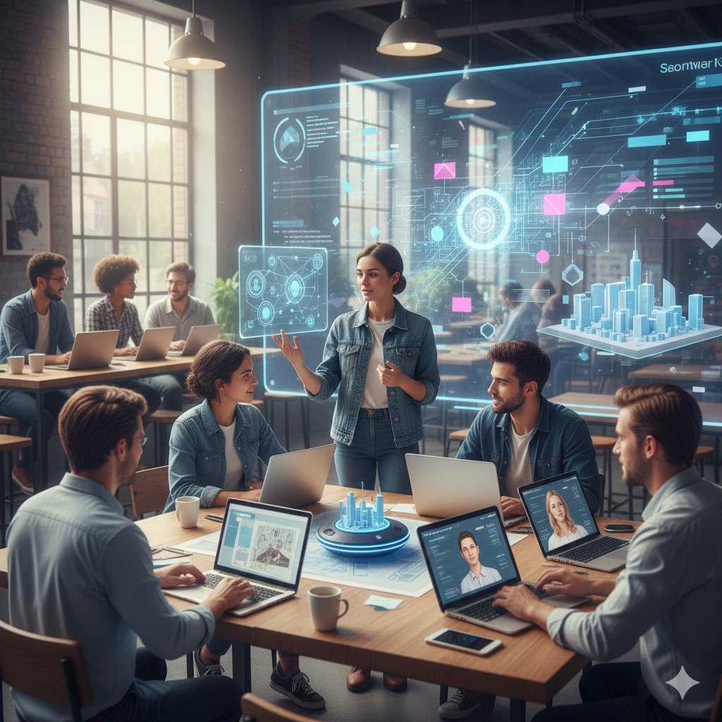 밝고 개방적인 사무실에서 한 여성이 서서 동료들에게 발표를 하고 있어요. 공중에는 도시의 3D 모델과 복잡한 회로 기판 데이터가 푸른색 홀로그램으로 선명하게 나타나 있어요. 테이블에 둘러앉은 팀원들은 각자의 노트북으로 작업하거나 발표자의 설명에 집중하고 있으며, 노트북 화면에는 화상 회의 중인 인물의 모습도 보여요.