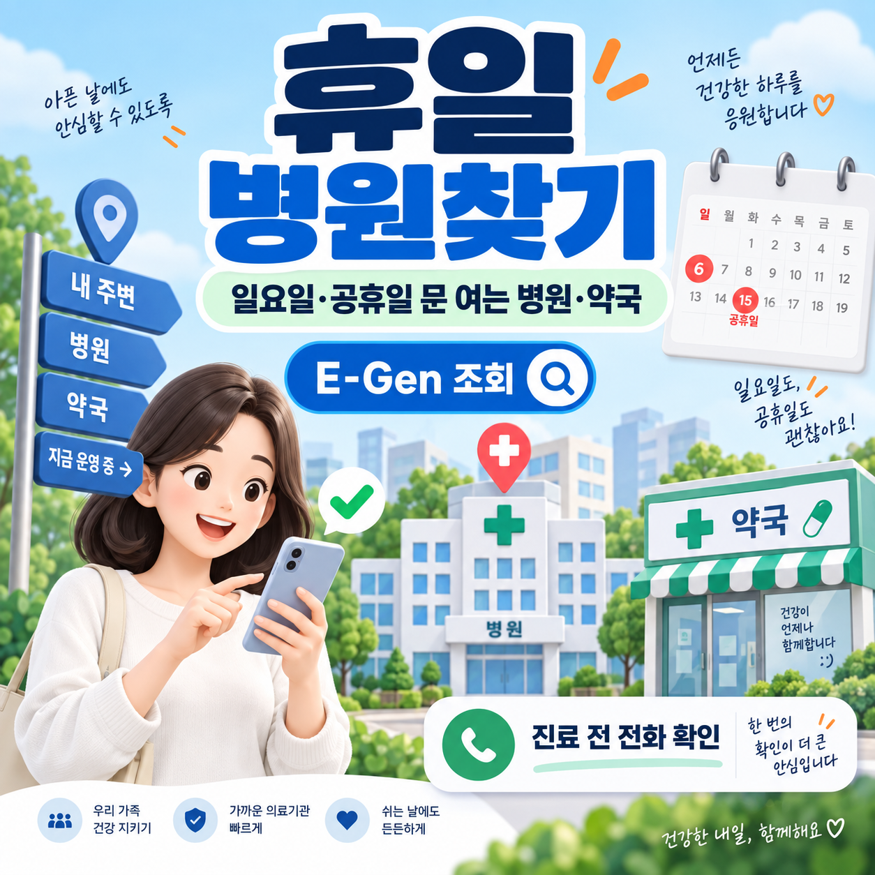 휴일 병원찾기 ❘ 일요일&middot;공휴일 문 여는 병원&middot;약국 E-Gen 조회, 진료 전 전화 확인