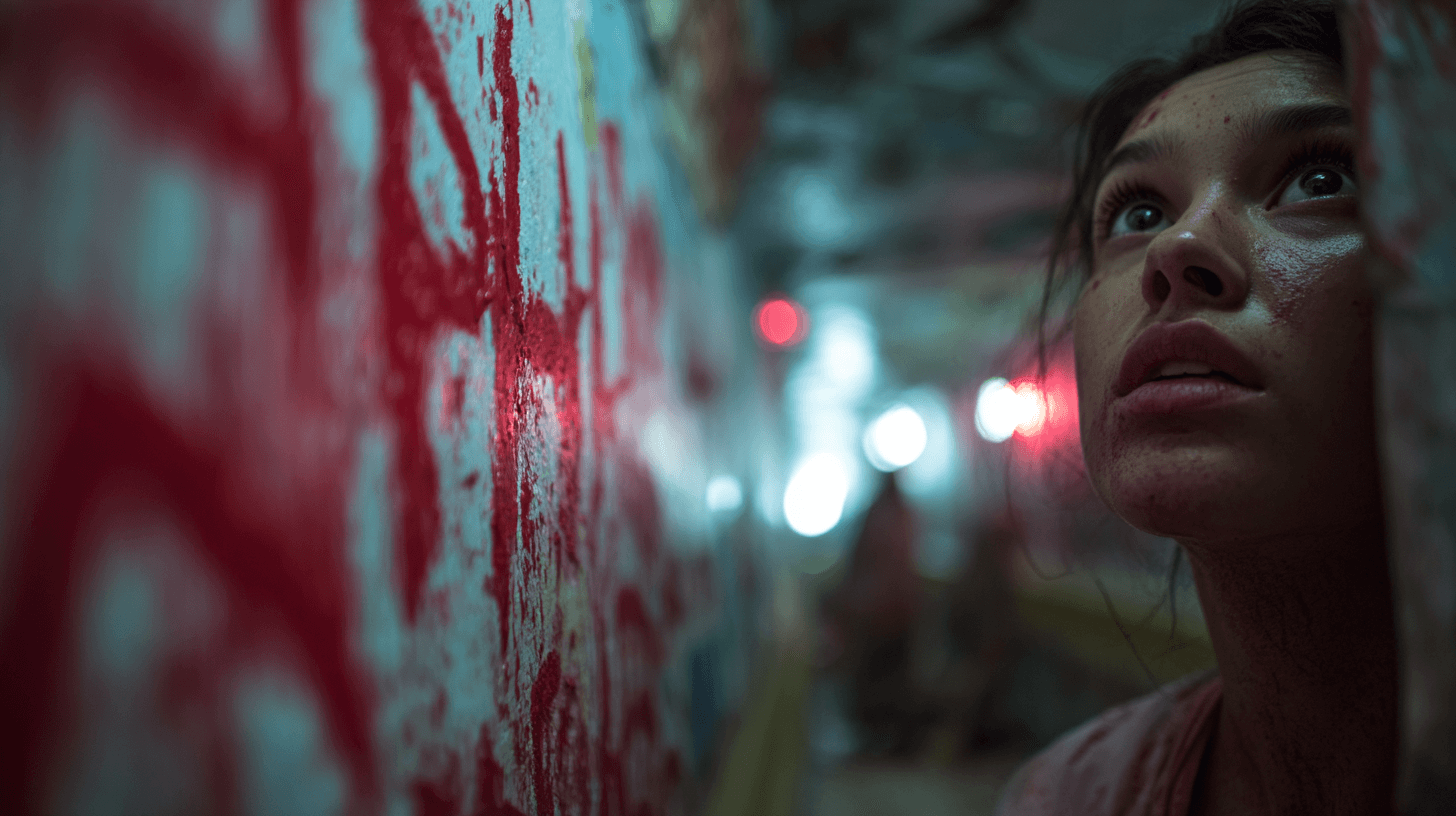 피-묻은-복도에-앉아-있는-여성