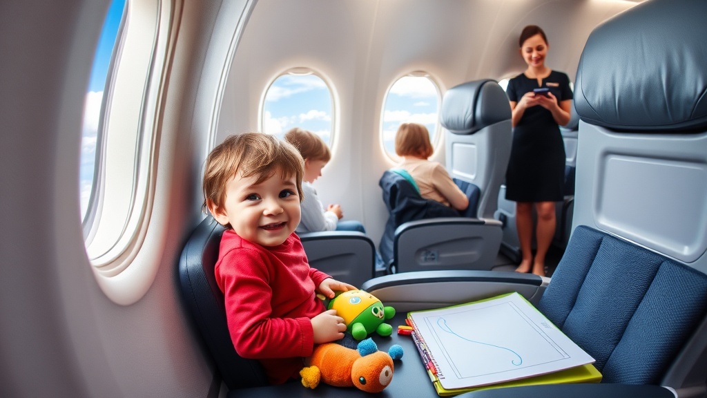 비행기 테이블에 펼쳐진 다양한 휴대용 놀잇감들(스티커북, 작은 그림책, 소음 없는 블록 등). 아이는 흥미롭게 놀잇감에 집중하고 있으며, 부모는 흐뭇하게 지켜보고 있다.