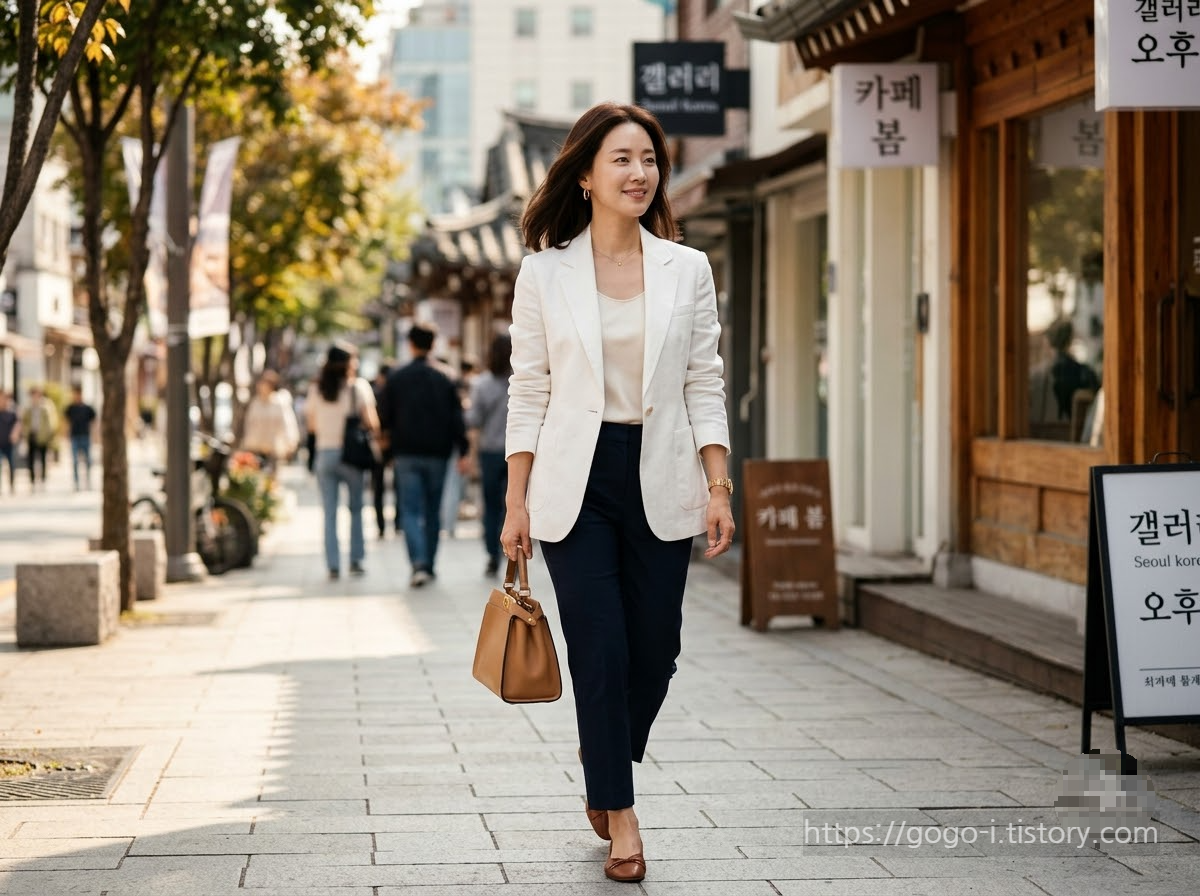 리넨 자켓을 걸치며 대한민국 거리를 걷고 있는 20대 후반 여성