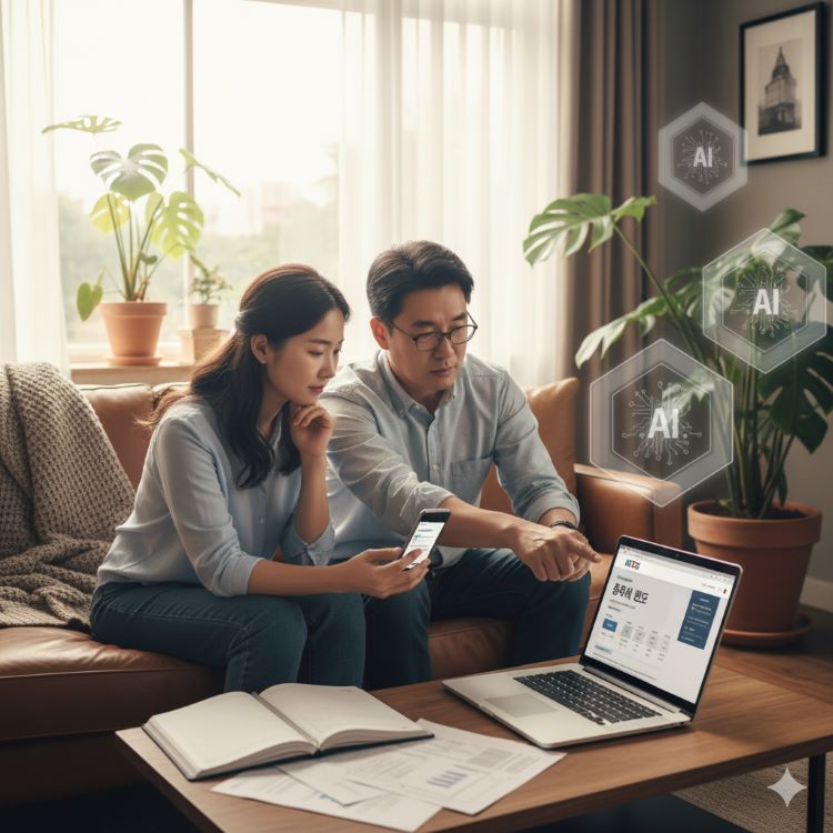 가족이 거실에서 증여 계획을 세우며 노트북으로 국세청 증여세 한도를 확인, 계좌에 돈을 이체하는 모습–액션마다 AI회색 로고가 떠 있어 디지털 감시와 최적화된 절세 전략이 한눈에 드러나는 장면.