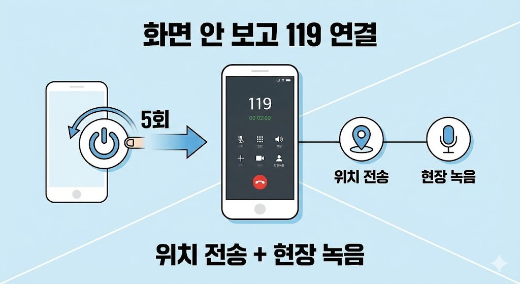 전원 버튼 아이콘을 5번 누르는 동작이 119 연결 화면으로 이어지고, 연결 후 '위치 전송'과 '현장 녹음' 아이콘으로 연결되는 과정을 보여주는 인포그래픽.