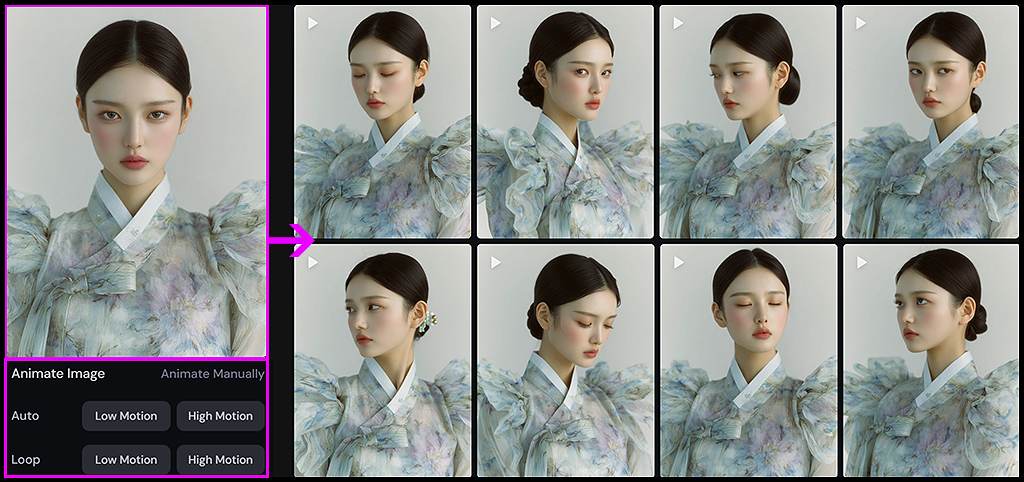 Midjourney에서 Animate image 옵션을 사용해 영상 생성 방식을 세부 조정하는 화면_Midjourney