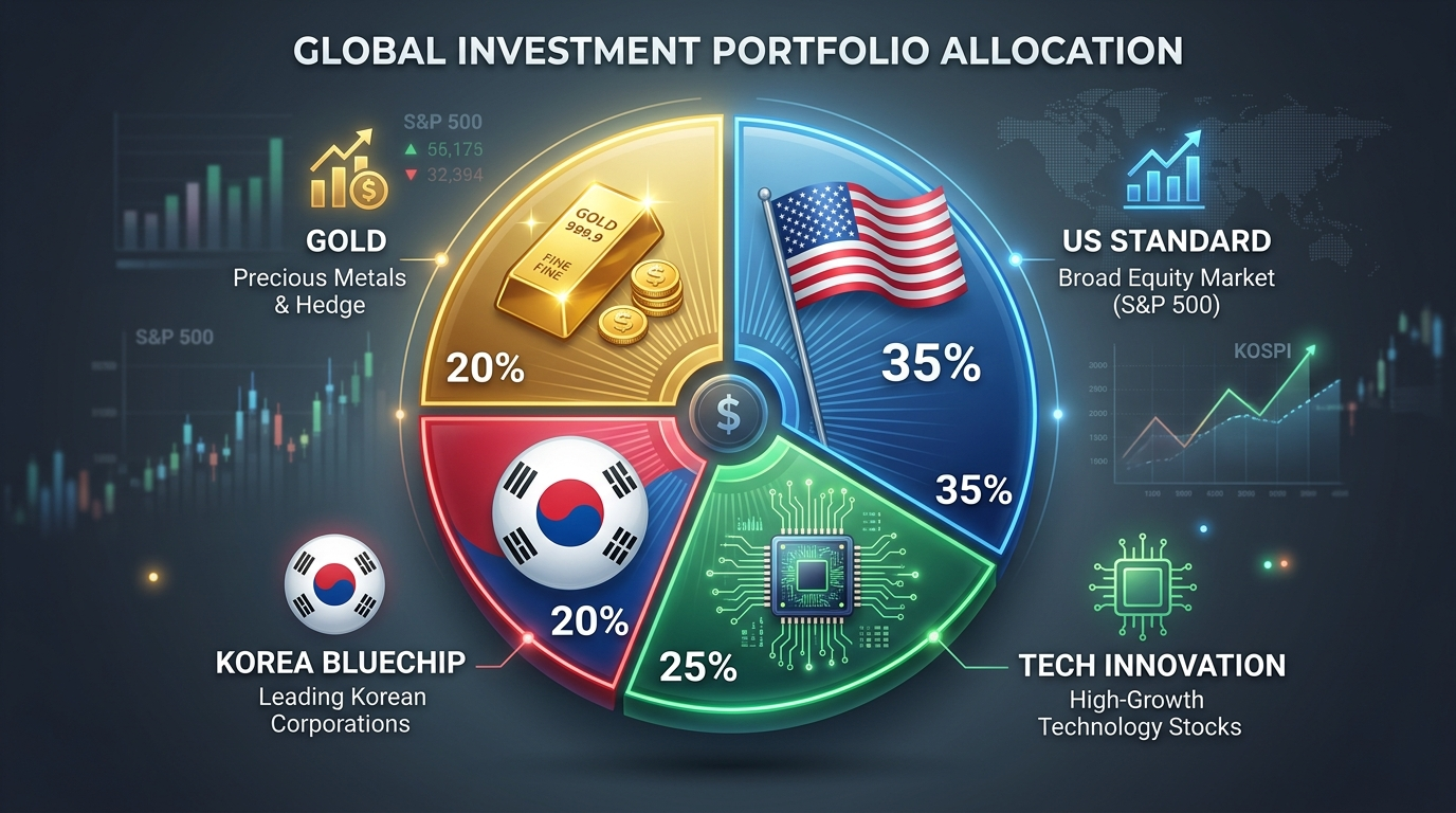 자녀를 부자로 만드는 4가지 핵심 자산(S&P 500, 테크TOP10, 코스피 200, 금현물) 비중 제안 인포그래픽