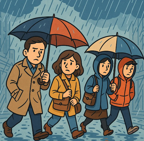 장마철-사람들-4명-우산-비