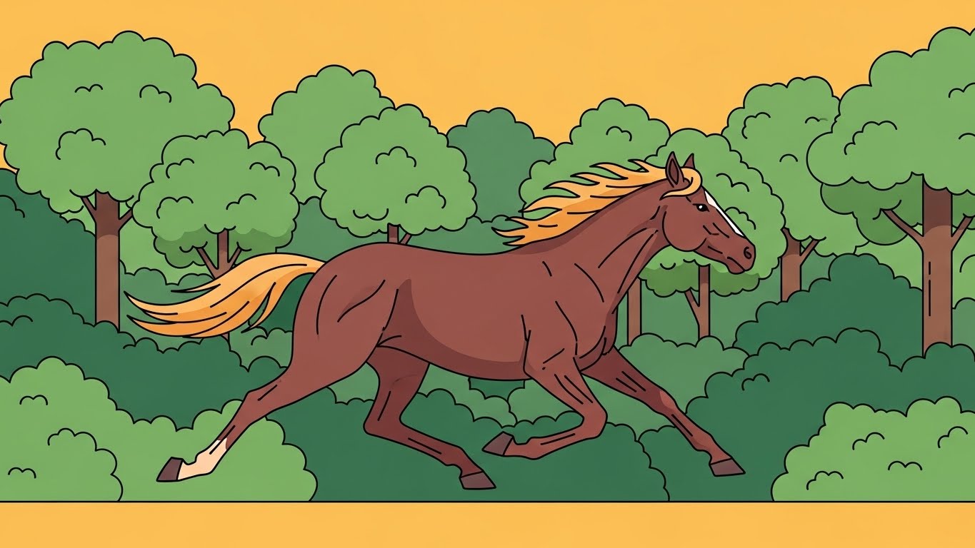 숲속을 거침없이 질주하며 목표를 향해 나아가는 말 캐릭터의 2D 플랫 벡터 일러스트