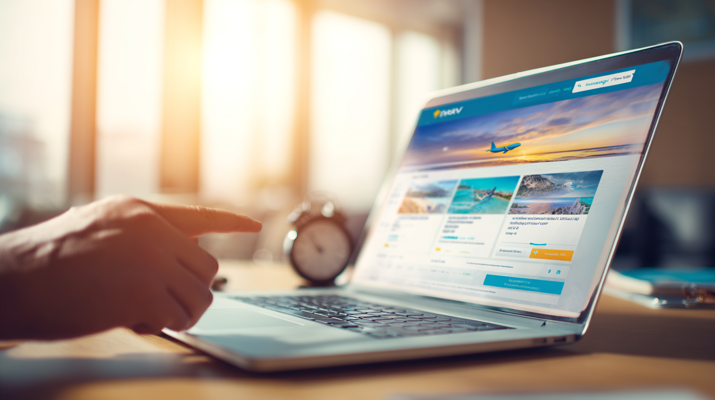 노트북으로 파라타항공 홈페이지를 검색하며 특가 항공권을 찾고 있는 한국인
