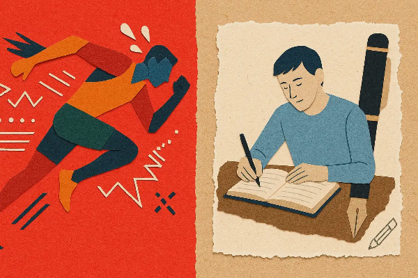 종이 질감의 배경 위에서 운동과 글쓰기로 감정을 조절하는 모습