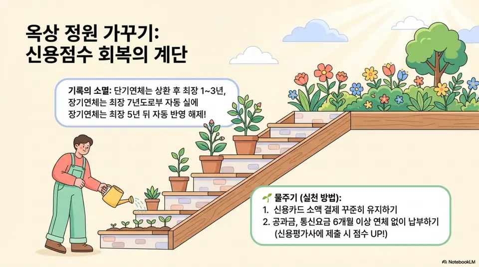 대출 연체 후 신용점수 회복 과정을 옥상 정원 가꾸기로 표현한 일러스트. 단기연체는 상환 후 최장 1년에서 3년 그리고 장기연체는 최장 5년 뒤 자동 반영 해제되며 신용카드 소액 결제와 공과금 성실 납부가 회복 방법임을 시각적으로 전달하며&amp;#44; 대출 연체 후 신용 회복 전략과 관련된 내용을 설명함 
