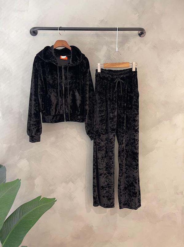여성 벨로아 벨벳 트레이닝세트 크롭 후드집업 와이드팬츠 2col