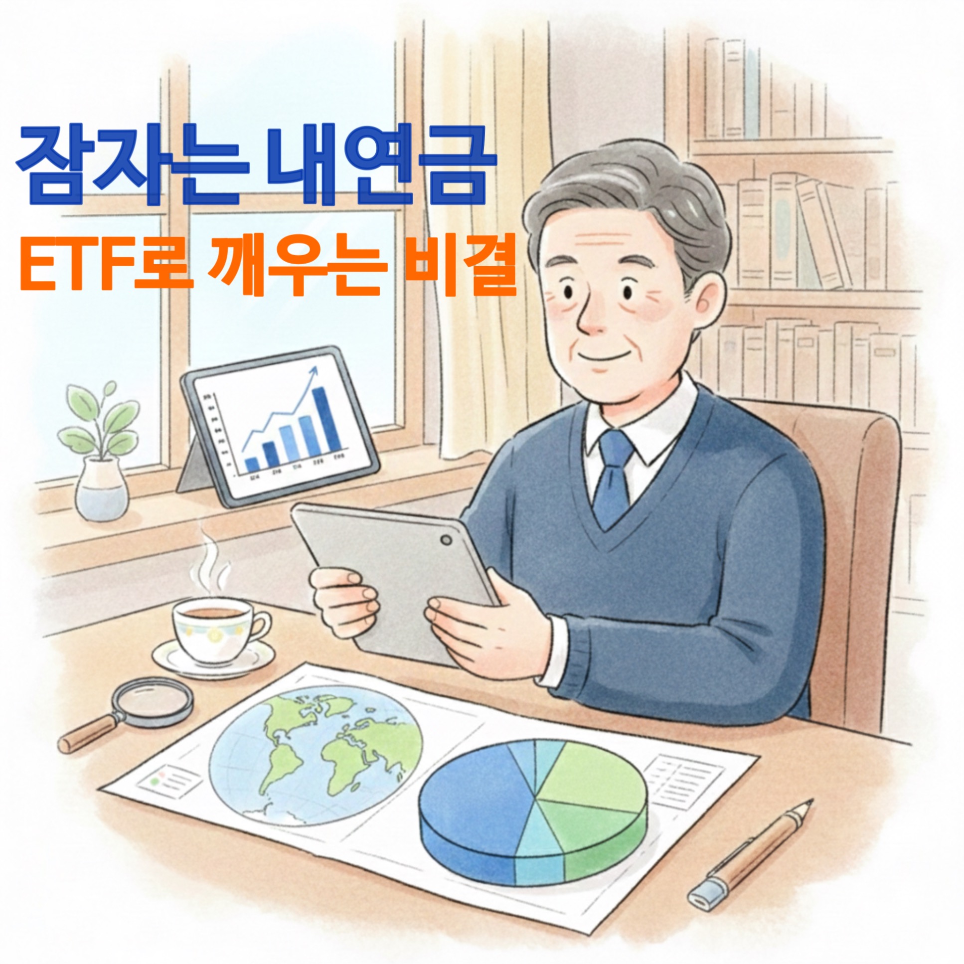 잠자는 내 연금 ETF로 깨우는 비결이라는 문구가 적힌, 안락의자에 앉아 태블릿을 보며 미소 짓는 중년 남성의 따뜻한 색연필 일러스트