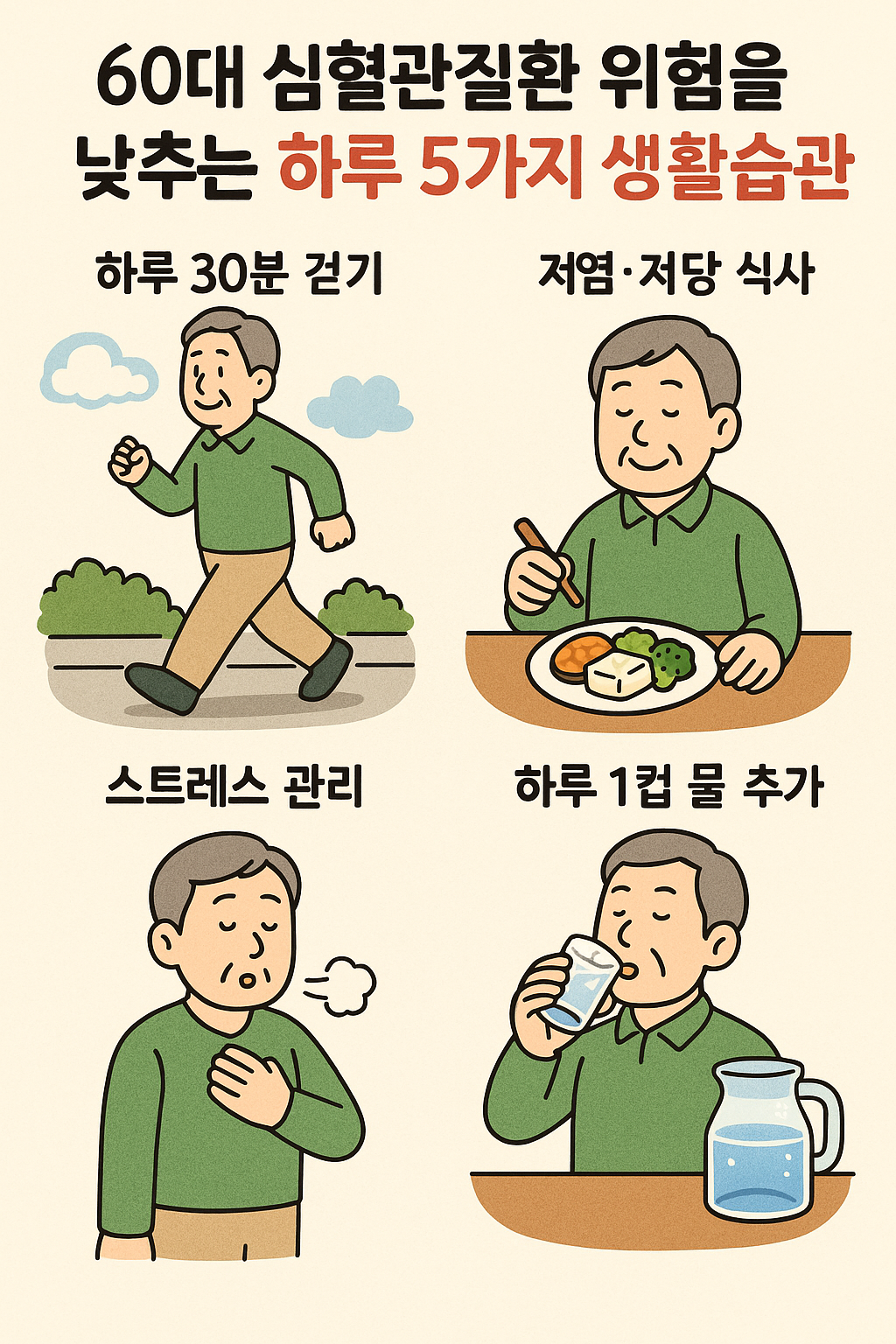 60대 심혈관질환 위험을 낮추는 &lsquo;하루 5가지 생활습관&rsquo;