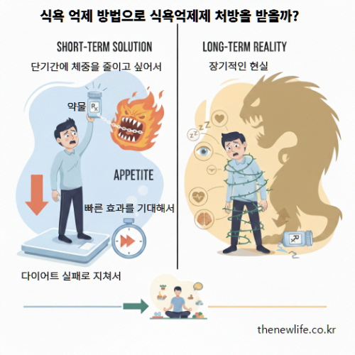 식욕 억제 방법으로 약물 처방을 선택하는 단기적 해결과 생활 습관 개선을 통한 장기적 해결의 차이