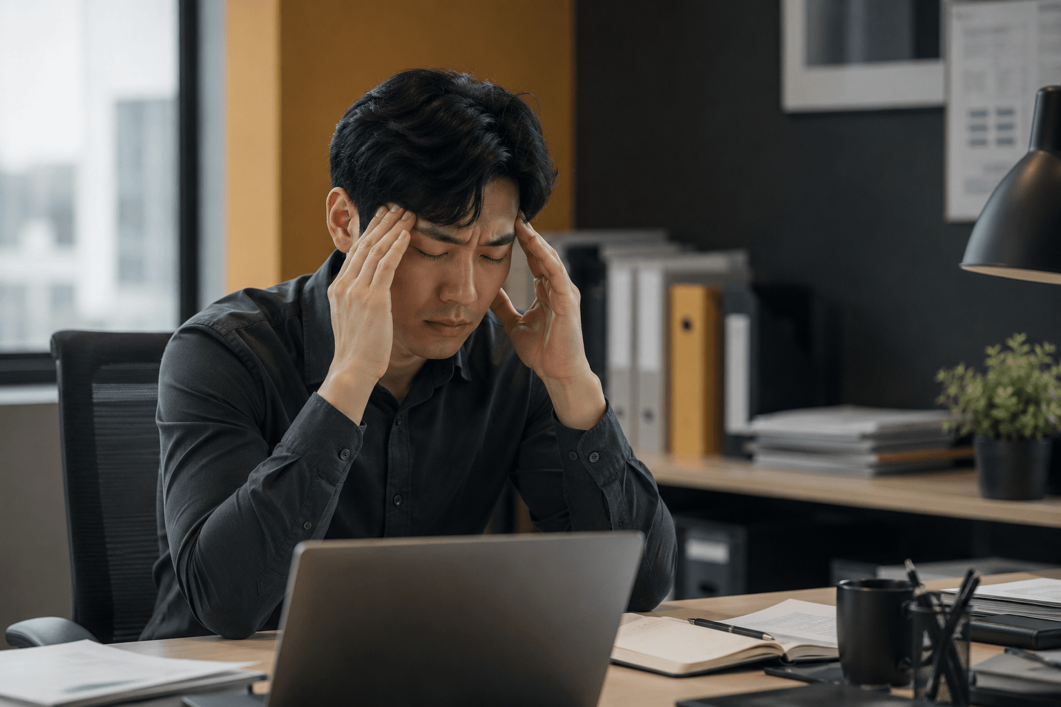 만성 스트레스로 인해 관자놀이를 누르며 피로해하는 직장인의 모습