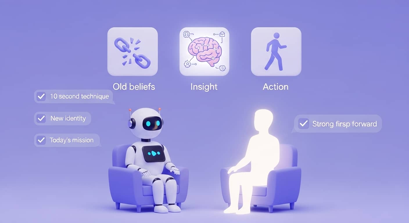 A 3D robot coaching a person with a mindset transformation concept: breaking old beliefs, gaining insight, and taking action.