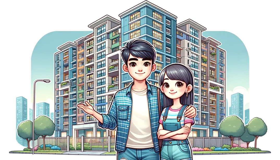 내집마련한 남녀 청년이 아파트를 배경으로 미소 짓고 있다.