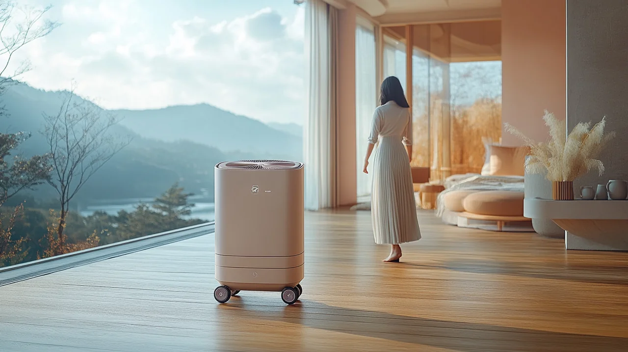 바퀴가 달린 이동식 에어컨을 쉽게 이동시키는 모습이 실용성과 편리함을 상징하며, 차분한 색조가 편안한 분위기를 연출합니다.