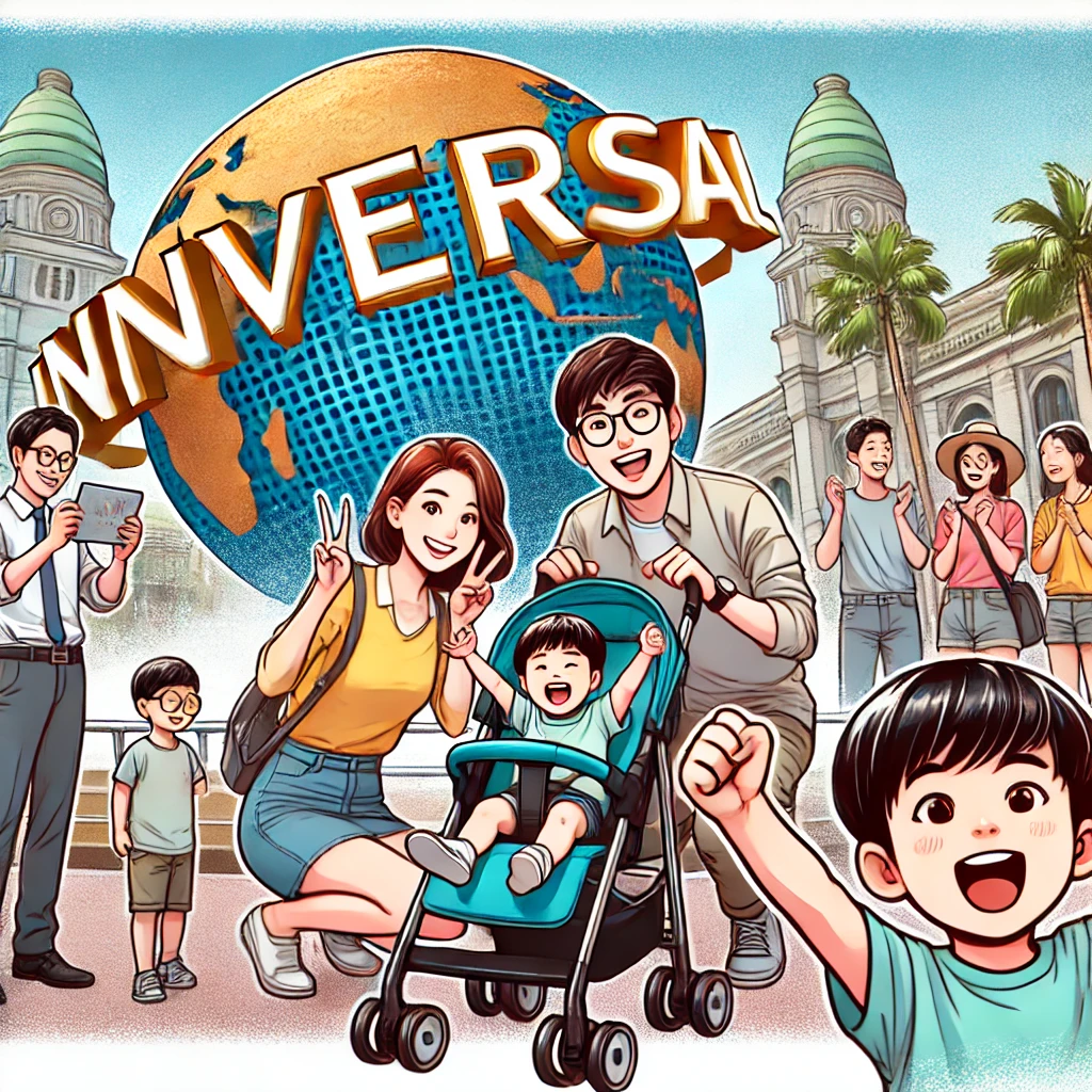 유니버설 스튜디오 싱가포르 입구에서 기념사진을 찍는 가족