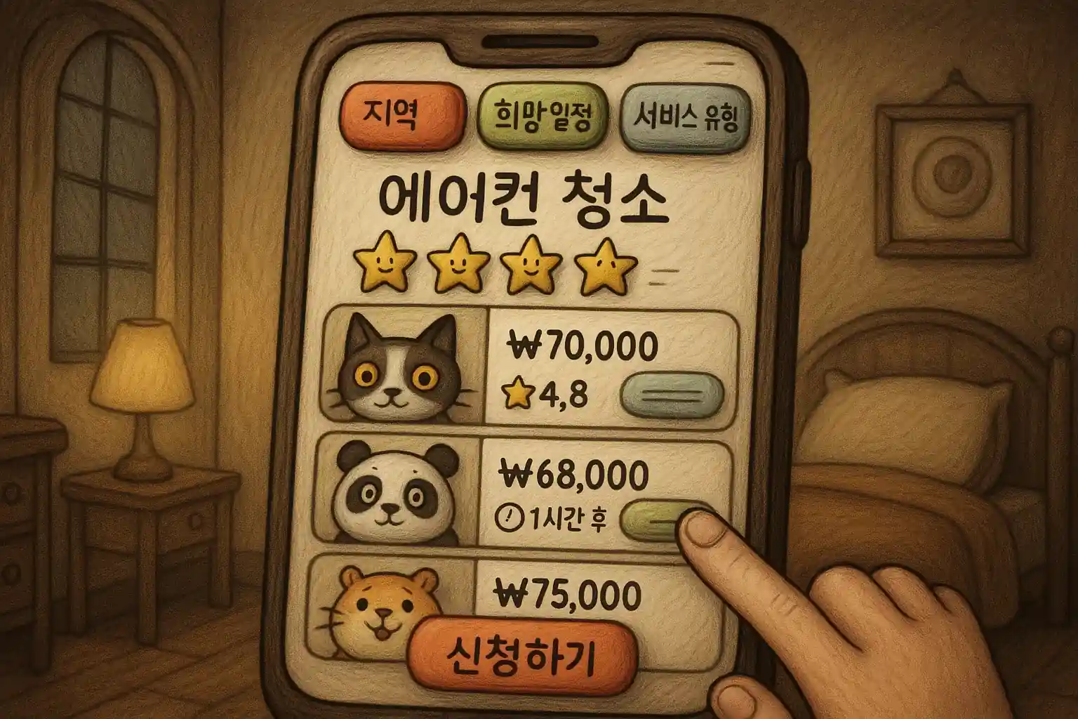 팀 버튼 스타일 스마트폰 화면에서 다양한 캐릭터 청소 서비스를 비교 예약하는 감성 일러스트