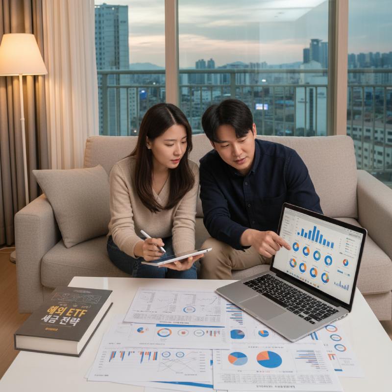 해외 ETF 세금 구조 비교를 위해 노트북으로 자료를 분석하는 투자자 두 명의 모습