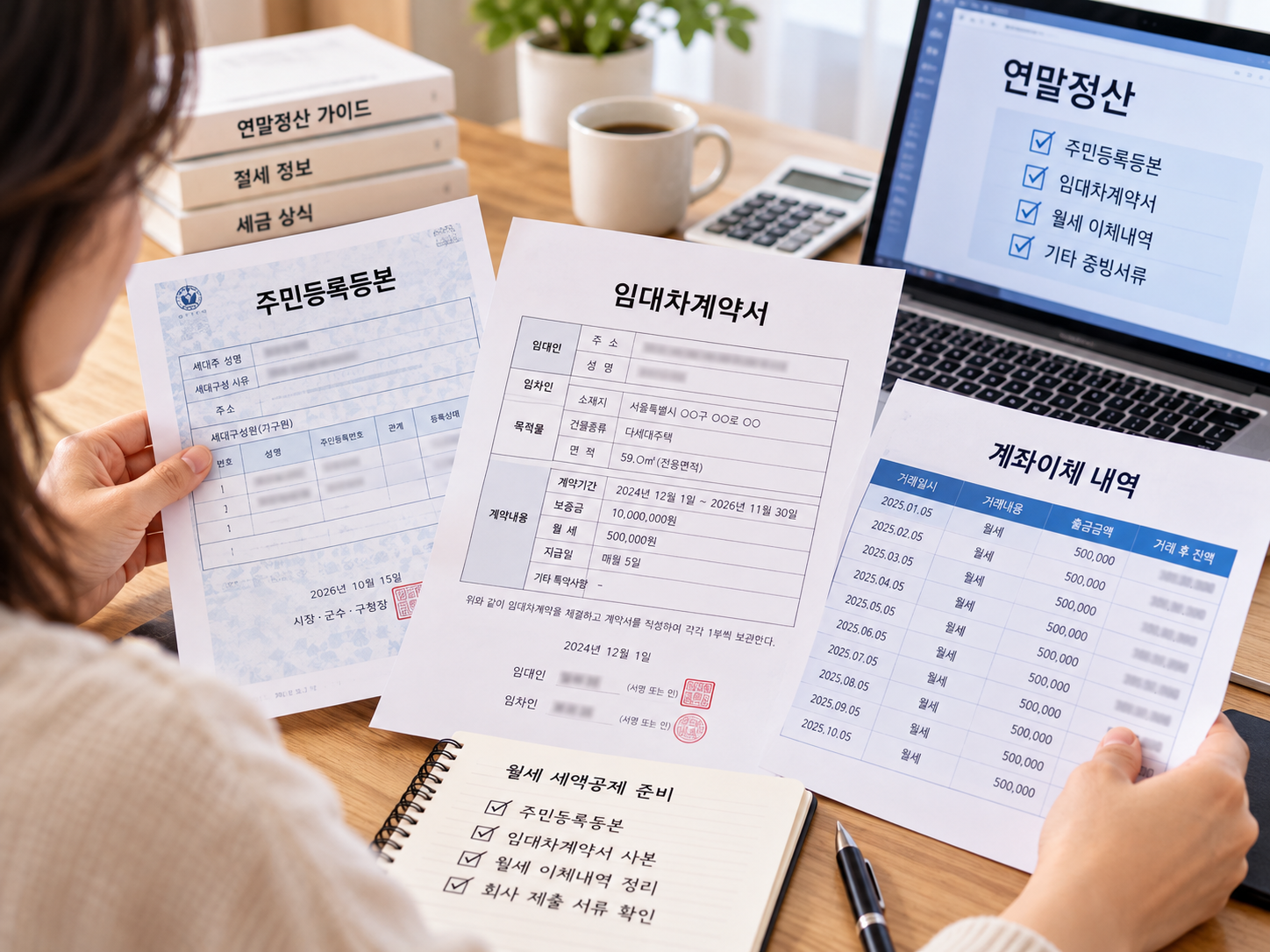 주민등록등본&middot;임대차계약서&middot;계좌이체 내역을 준비하는 직장인의 예시 이미지