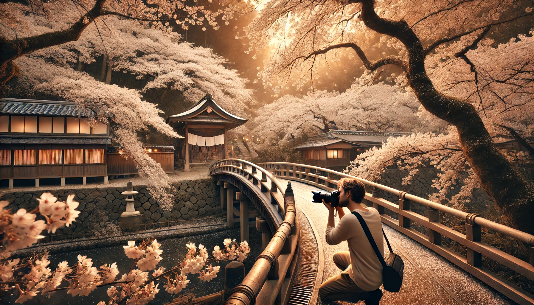 교토의 조용한 벚꽃 명소에서 감성적인 벚꽃 사진을 촬영하는 모습
