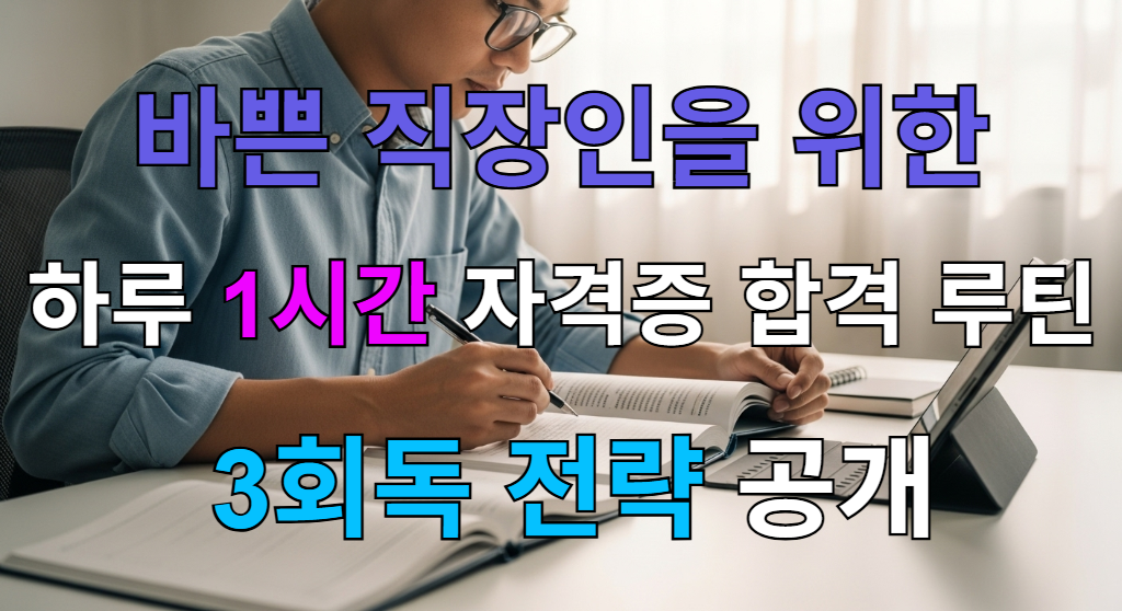 이른 아침, 책상에 앉아 자격증 시험을 위해 집중하여 공부하고 있는 직장인의 모습