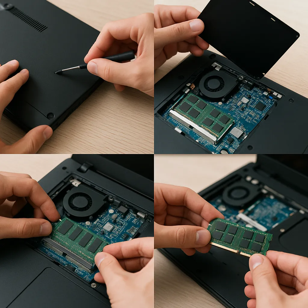 노트북 해체 작업 손의 클로즈업 장면 4분할